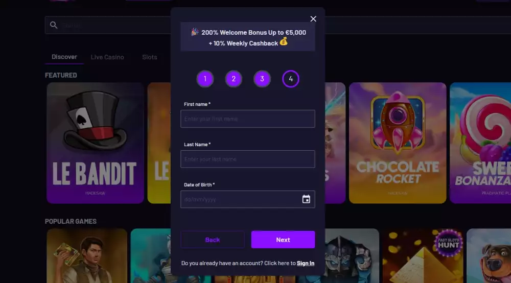 FastSlots registracija korak 2