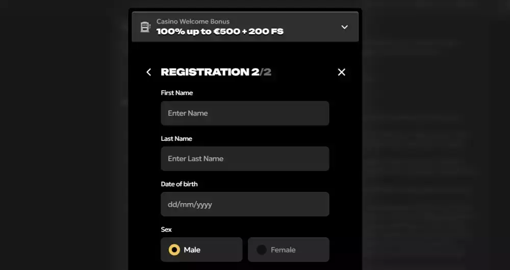 Spinsy casino registracija korak 2