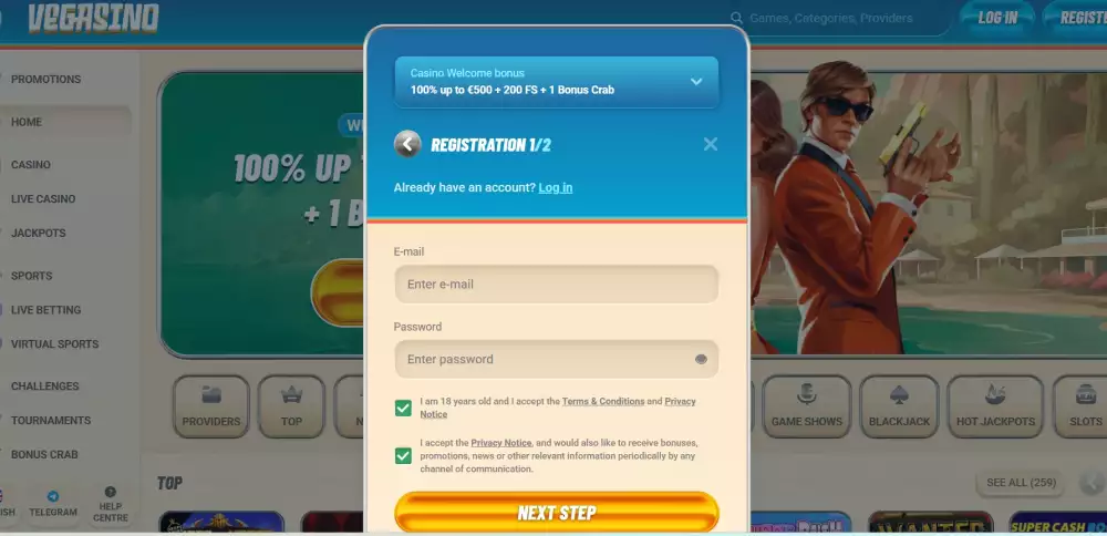 Vegasino registracija korak 2
