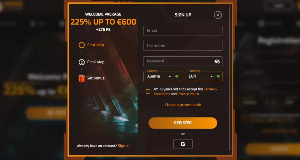 Hugo casino registracija korak 2
