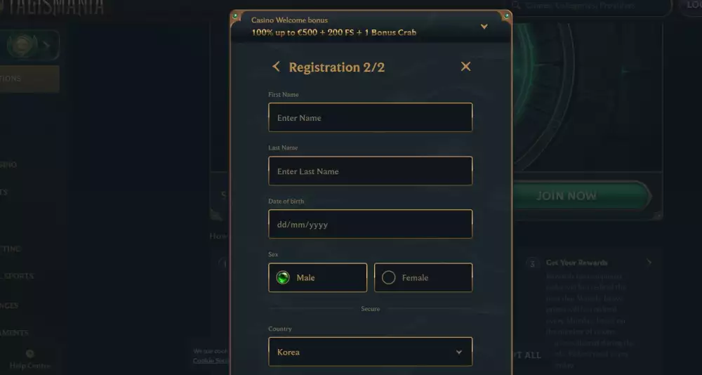 Talismania registracija korak 2