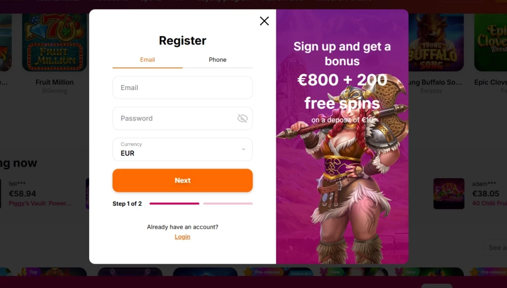 Hit n Spin casino registracija korak 2