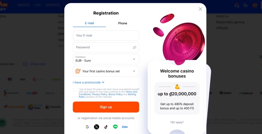 Vulkan Bet registracija korak 2