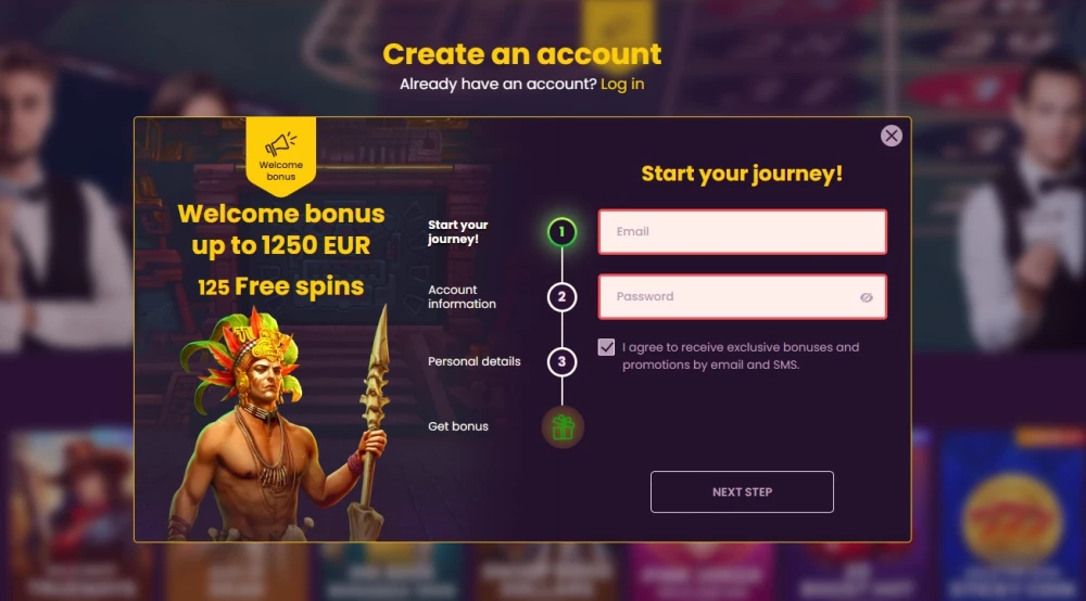 Bizzo casino registracija korak 2
