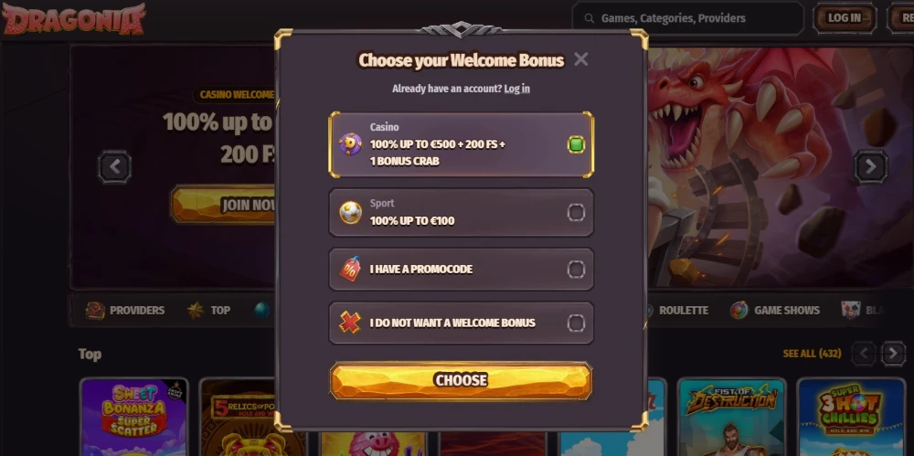 Dragonia casino registracija korak 2