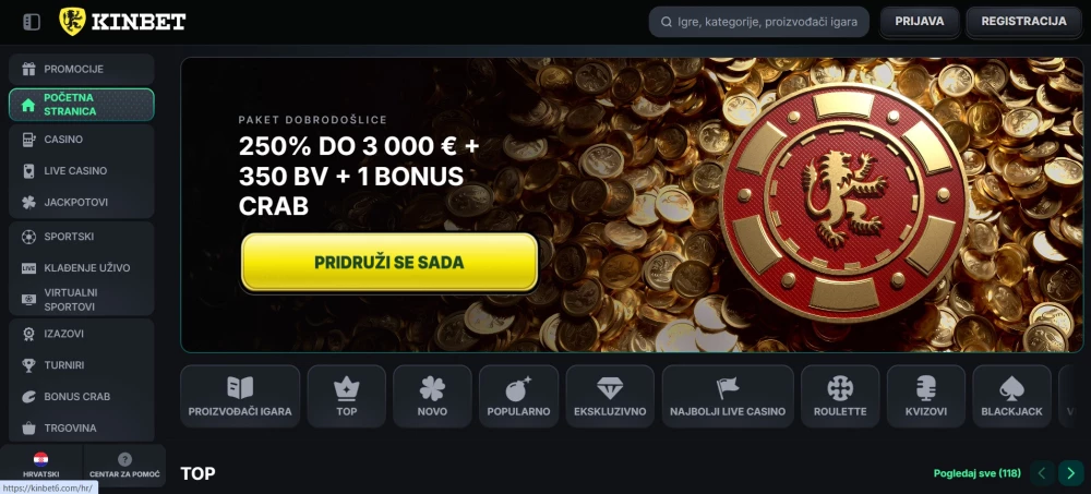 KinBet casino registracija korak 1