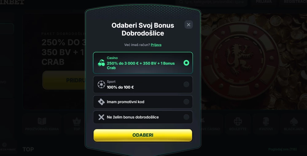 KinBet casino registracija korak 2