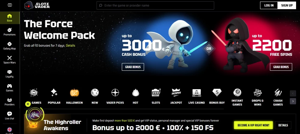 SlotsVader casino registracija korak 1