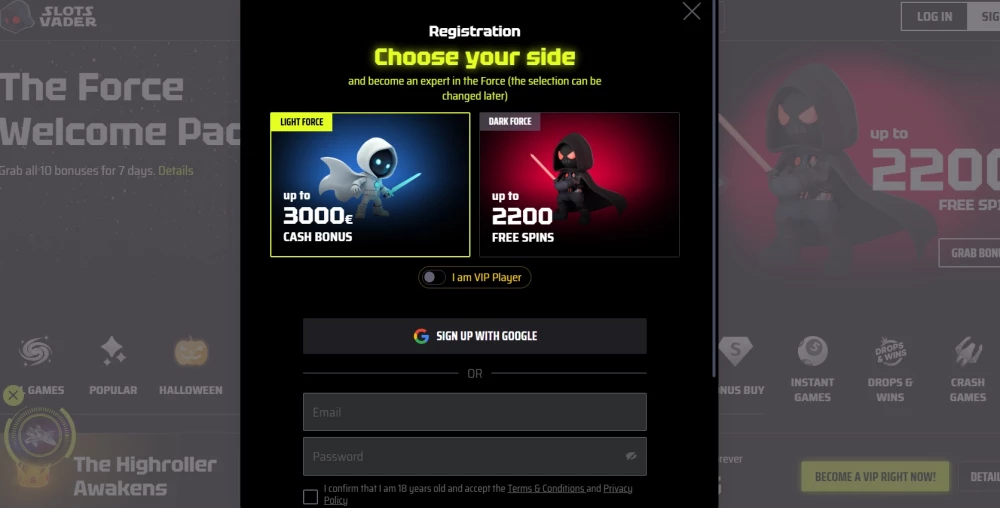 SlotsVader casino registracija korak 2